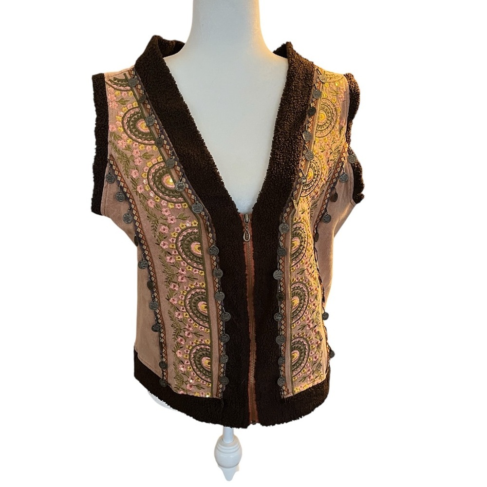 POL Freya Fleece Trim Embroidered Zipper Vest Jacket Size Small